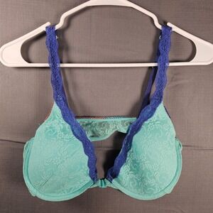 Flirtitude Womens 38B Teal Purple Floral Lace Front Close Push Up Bra 10336-6